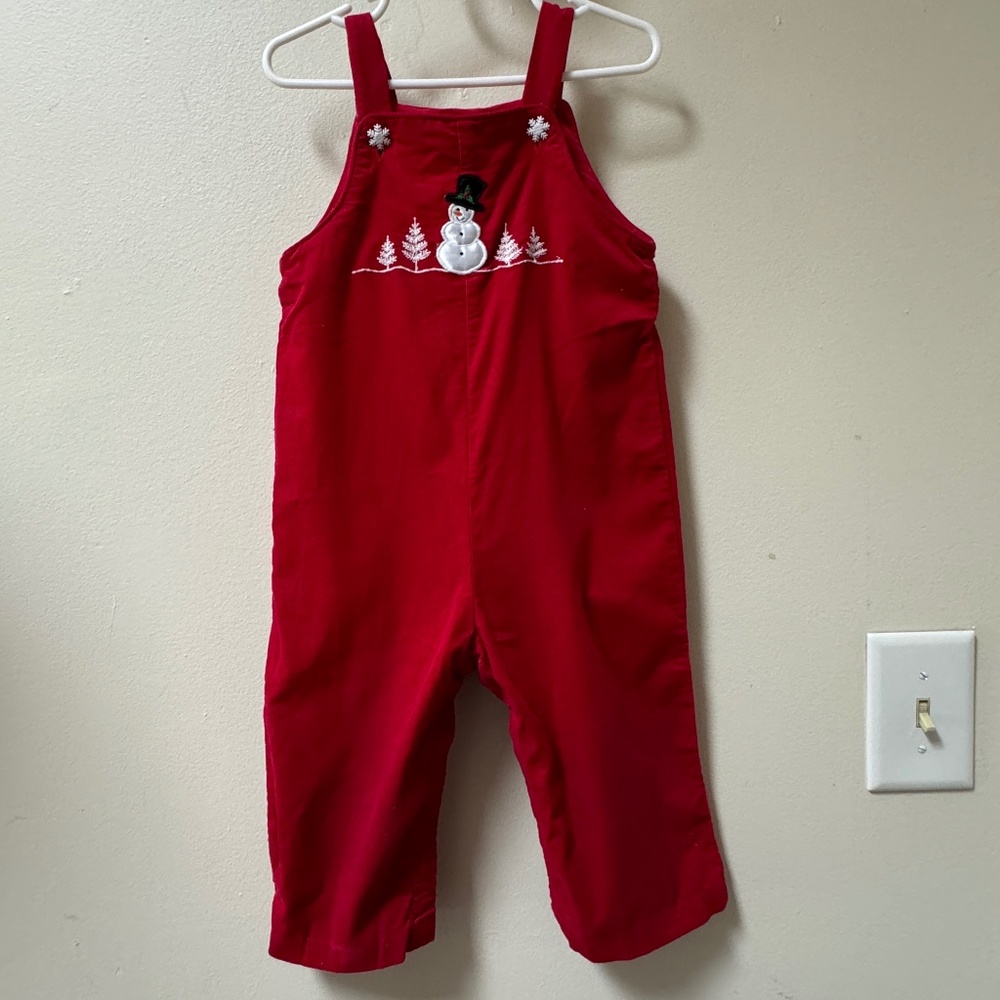 Red Corduroy Johnny Overalls for Christmas with Snowman